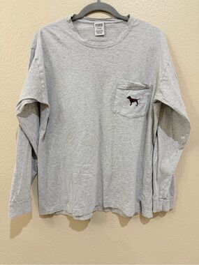 Victoria's Secret PINK Gray Long Sleeve Pocket T-Shirt Graphic Back Logo M